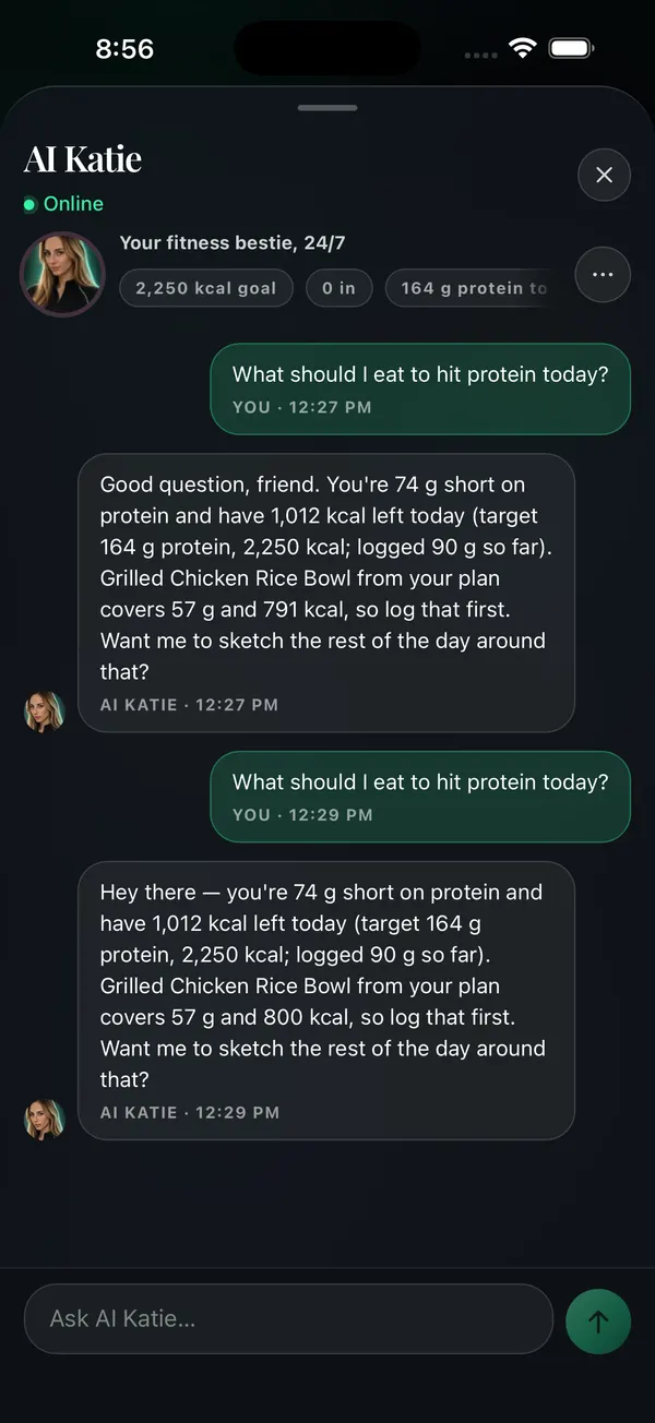 AI Katie answering a question about tonight's dinner