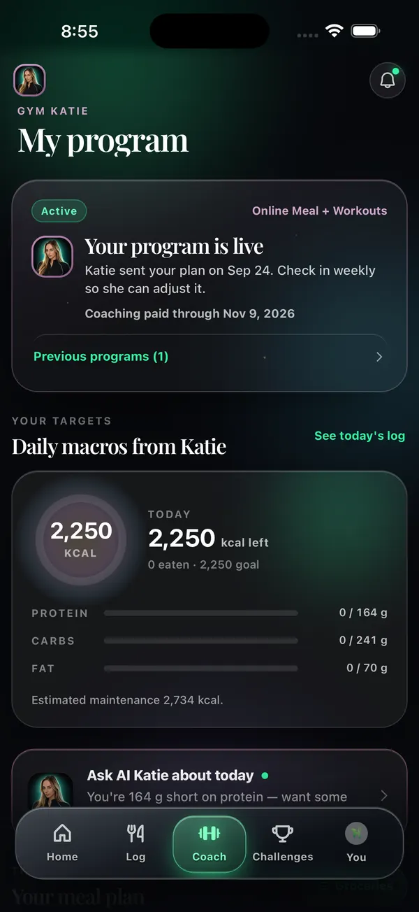The Coach tab: My program with Katie's daily macros