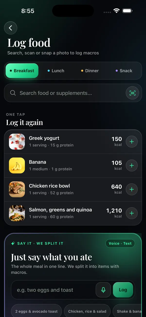 The Log food screen: search, one-tap recent foods and 'just say what you ate'