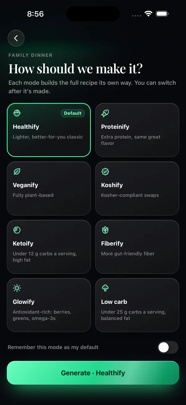 The recipe mode picker: Healthify, Proteinify, Veganify and more