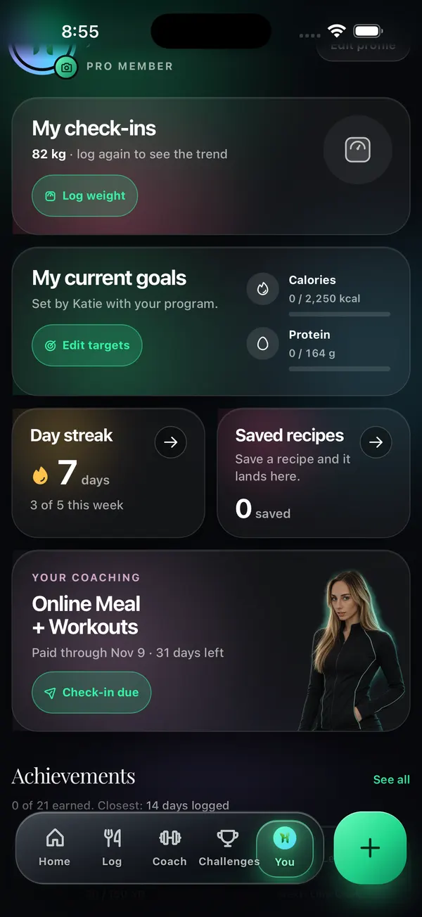 The You tab: check-ins, goals, streak and coaching